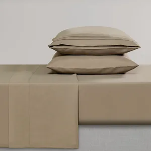 Luxury 100% Microfiber 4In1 Plain Bedsheet Bedding Set King Size Solid Brown Embroidered Line Wholesale Solid Color Bed Sheet