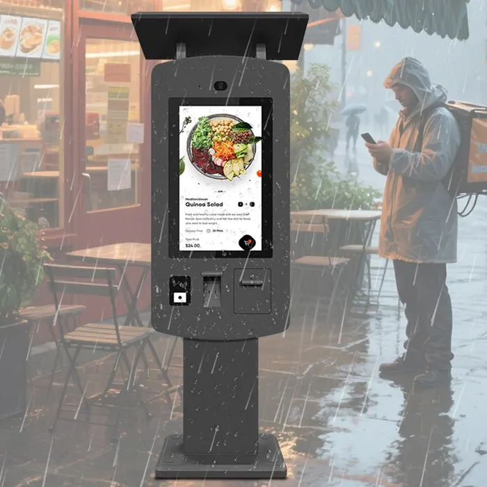 Weatherproof outdoor digital signage kiosk in rain and dust