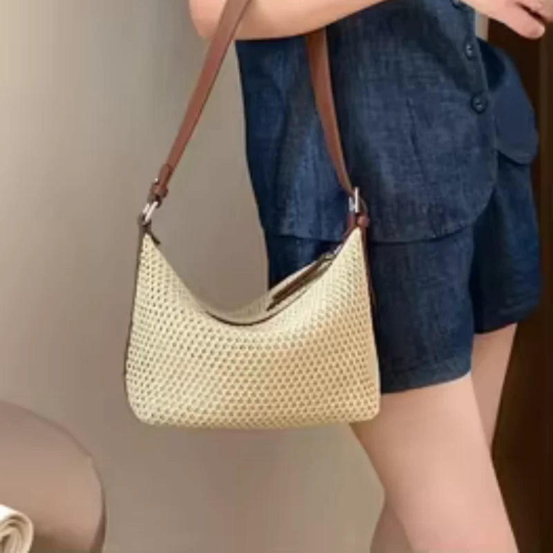 Vintage Bohemian Fashion Mesh Niche Summer Straw Zipper Closure Shoulder Woven Women’s Crossbody Dumpling Bag