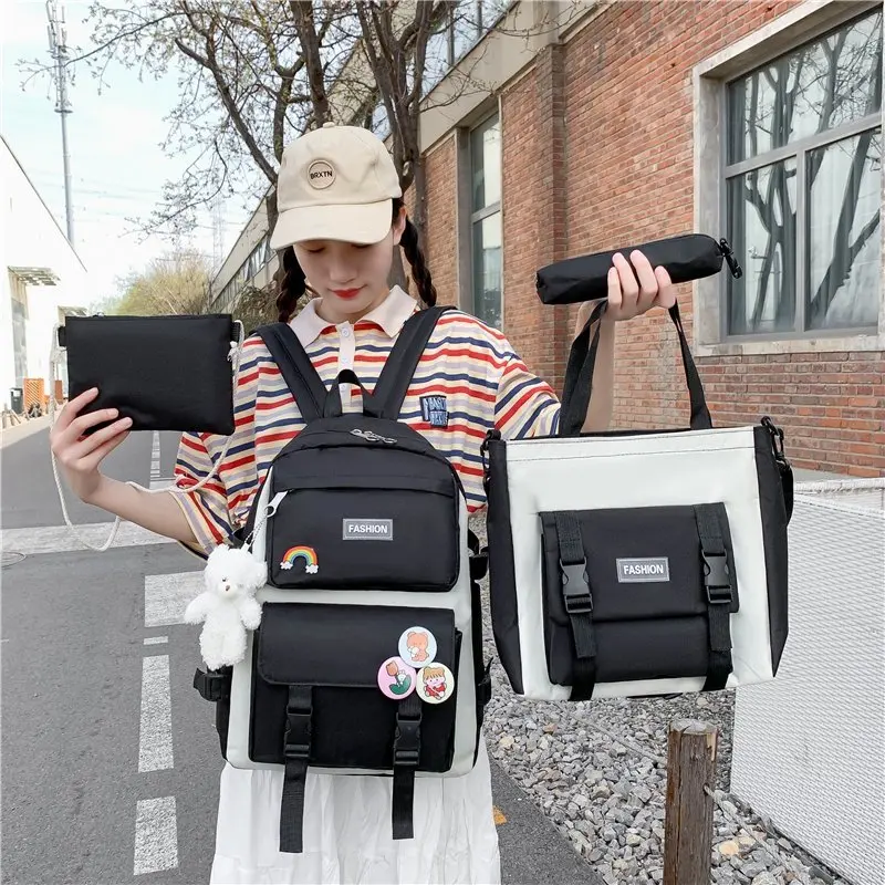 2021 New 4 Pcs in 1 College High School Girl Schoolbag Backpack Set Custom logo Brand 17 Inch Laptop Backpack Bookbag Set