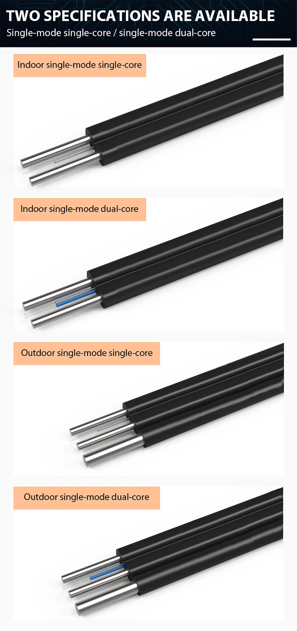 Outdoor FTTH Drop Fiber Optic Cable 2km G657A1 LSZH Flat Type Single Mode