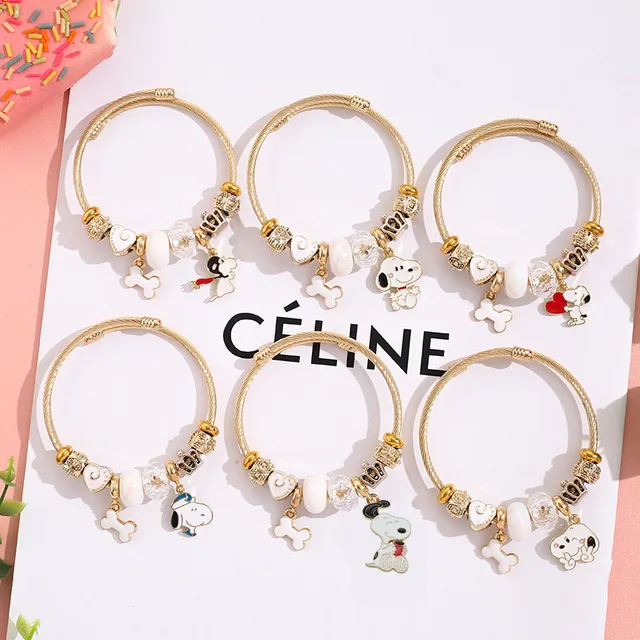 High Quality Gold Plated Stainless Steel Cartoon Dog Charm Bracelet Large Hole Beads Bone  Pendant Bracelet for Girls