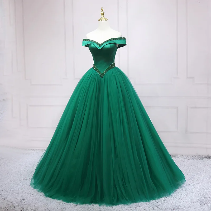 NDC10017 Green V-Neck Elegant Diamond Big Gown Ball Weeding Evening Dress  Elegant Women Weeding Evening Dress