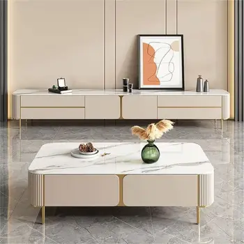 Coffee Table Glass Modern Golden Stainless Steel Living Room Finish Furniture Rock Slate Color Material Decoration Centre Tables