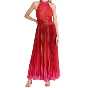 Chiffon Dress Solid Color Red Pleated Maxi Dress Casual Halter Lady Elegant Party Dresses Women