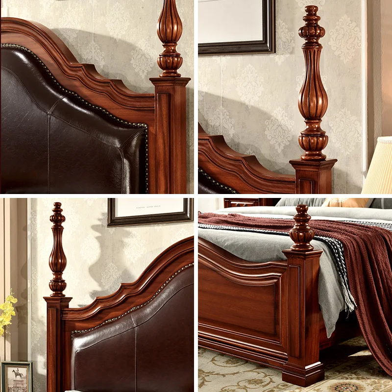 American-style Solid Wood King/queen-size Leather Double Bed with Roman Columns and Upholstered Headboard, Bedroom Furniture.