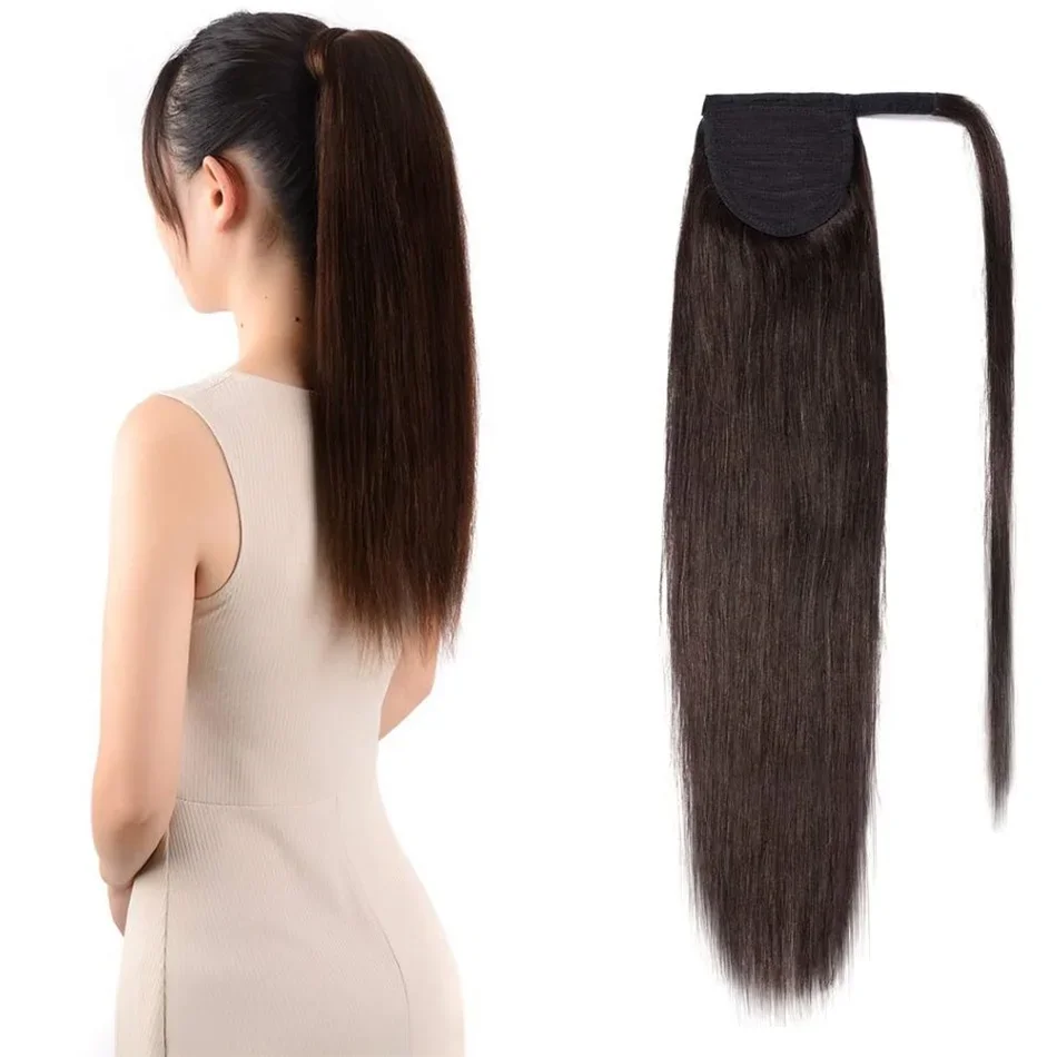 Coda di cavallo 100% capelli umani, europea, liscia, castano scuro, con clip, coda di cavallo, macchina per capelli Remy_voghion.com