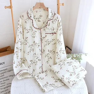 Women's Cotton Pajamas Set Long Sleeve Sleepwear Button-Down Nightwear Camomile Print Pj Lounge Set Plus Size Home Wear Pyjamas