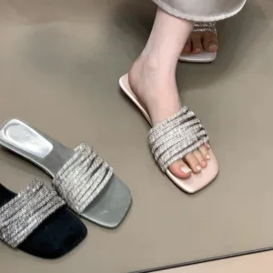 QuiteS 2026 Women's French-Style Peep Toe Rhinestone Flat Slide Sandals Elegant Casual Shoes for Summer