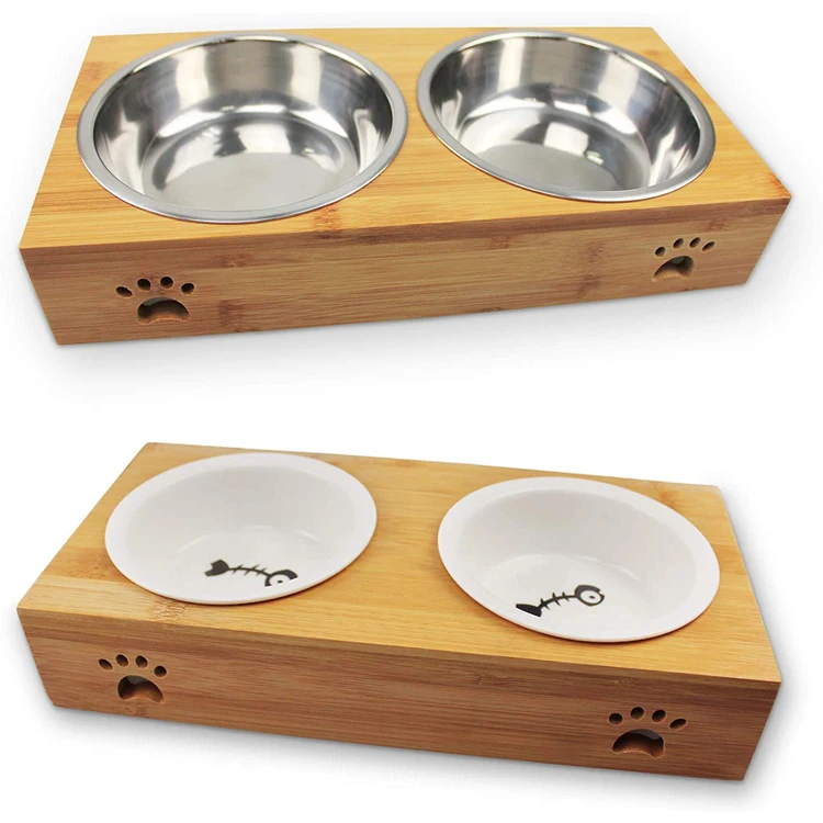 Hot Selling WDF wooden pet feeder elevated dog bowls stand cat elevated pet wooden bowls stand Bamboo Pet feeder with bowls details