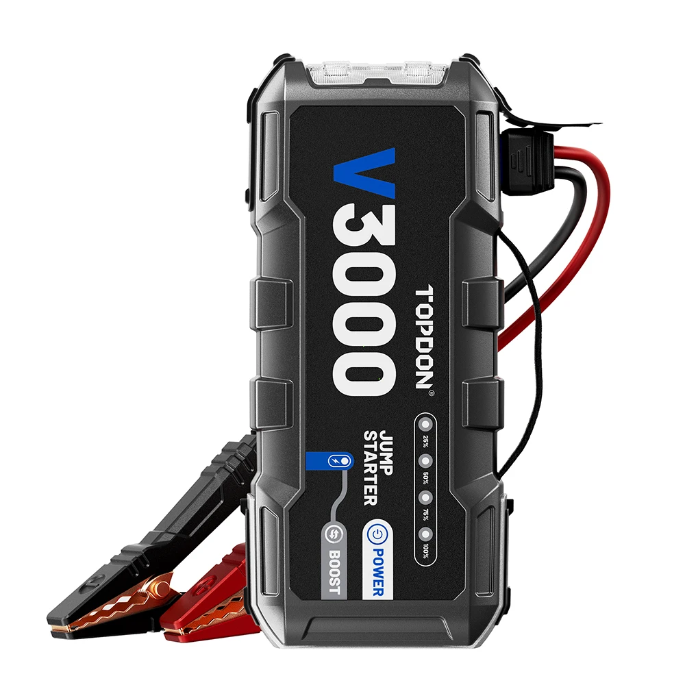 TOPDON V3000 PD60W Bidirectional Fast Charging 12V Jump Starter 3000 Peak Amp Car Super Capacitor Jump Starter Power Bank