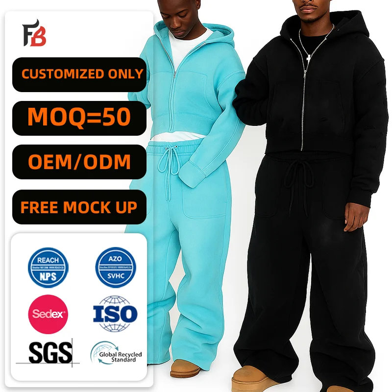 Streetwear Custom Printed Oversize Heavyweight Baggy Zip up Sweatpants and Hoodie Set Sweatsuit Tracksuit Men