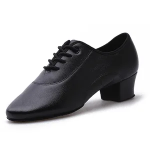 Men's Black Microfiber Flat Lace-Up Ballroom With Genuine Leather Outsole Upper Soft Latin Salsa Dance Training Shoes Breathable