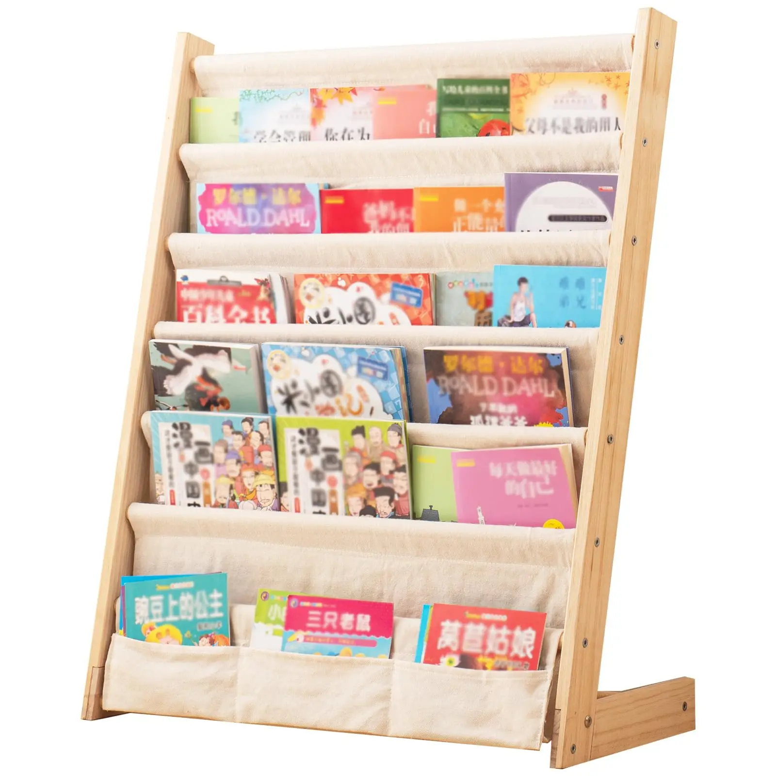 Bamboo Bookrack Canvas Book Storage Shelf Display Bookshelf 6 Tier Kids Book Rack for Bedroom Living Room