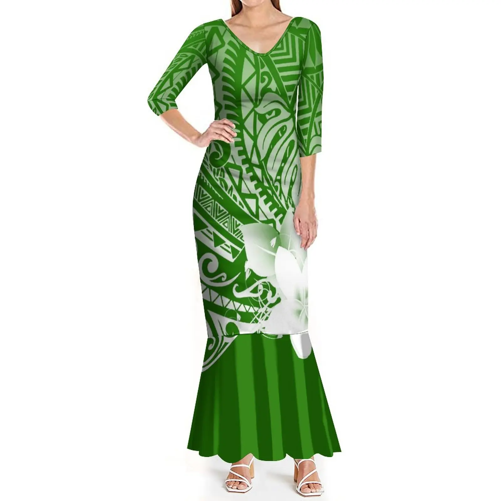 New Wholesale Customize Tropical Flower Print Fishtail Hawaiian Dress Women  Elegant Green Polynesian Tribal Maxi Mermaid Dress| Alibaba.com