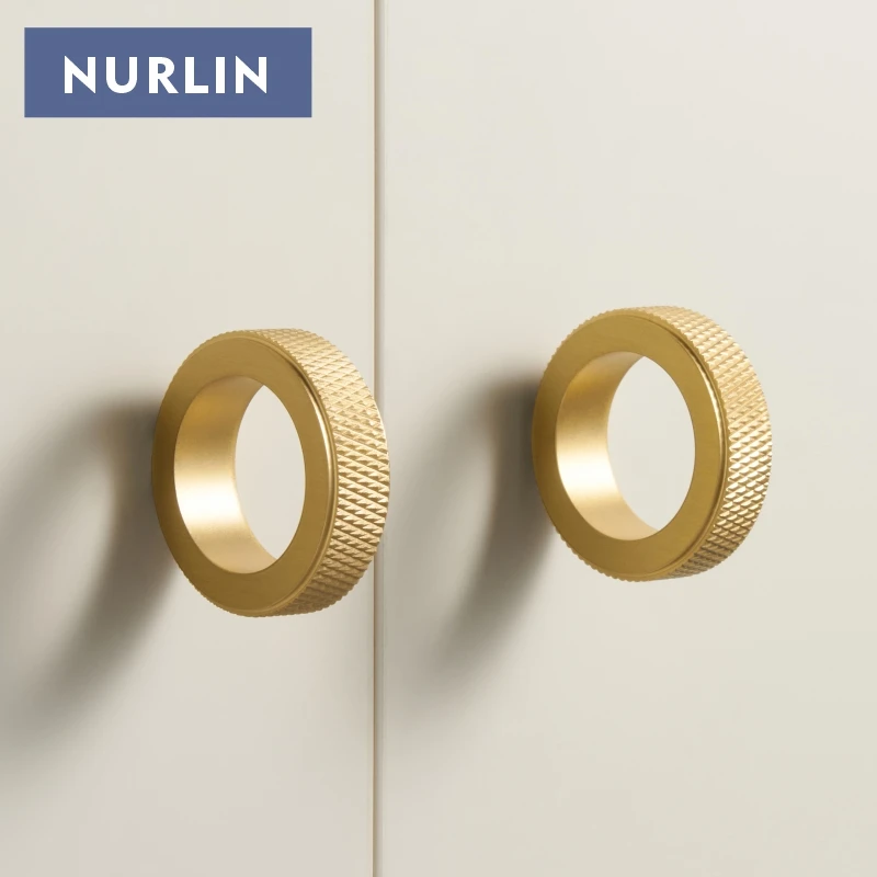 Nurlin Solid Brass Diamond-cut Cross Knurled Circular Ring Cabinet Wardrobe  Knobs Furniture Drawer Finger Ring Handle Knurling
