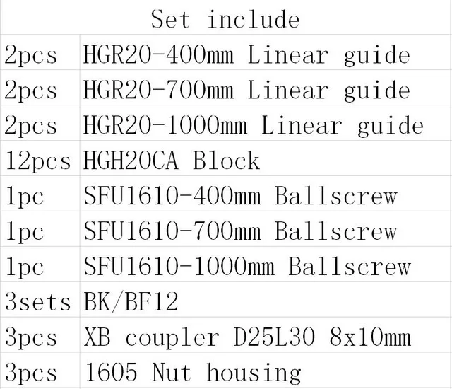 X Y Z Axis Cnc Kit HGR20 HGW20CC HGH20CA Sfu 1605 SFU1610 200mm 1000mm 1100mm 1500mm Set Ballscrew square Linear Rail for Stage