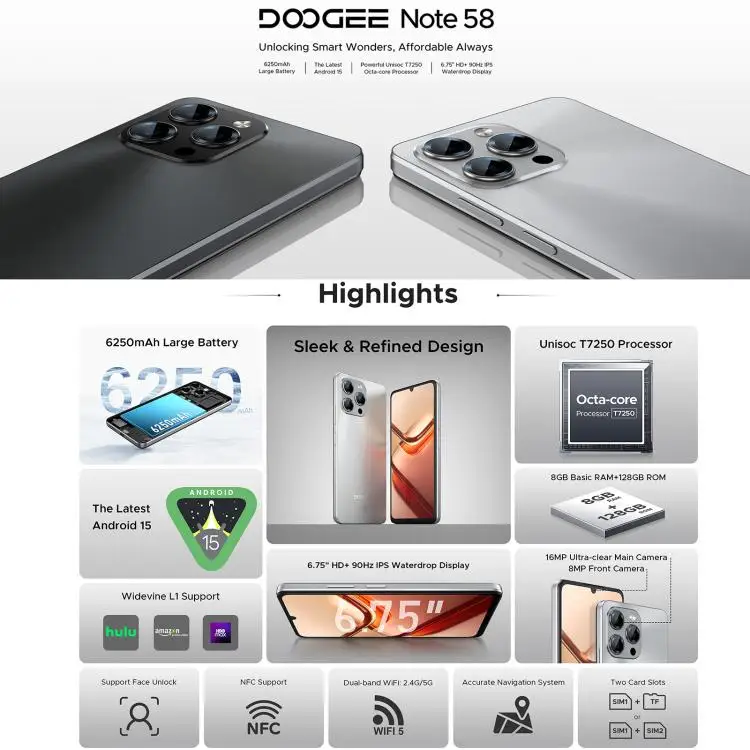 DOOGEE Note 58 シルバー 128GB / 8GB RAM Note 58 Specs – doogee.com
