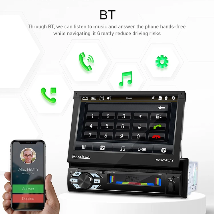 Podofo 1 DIN Radio de Coche Compatible con Apple Carplay y Android Auto,  Pantalla Táctil Retráctil