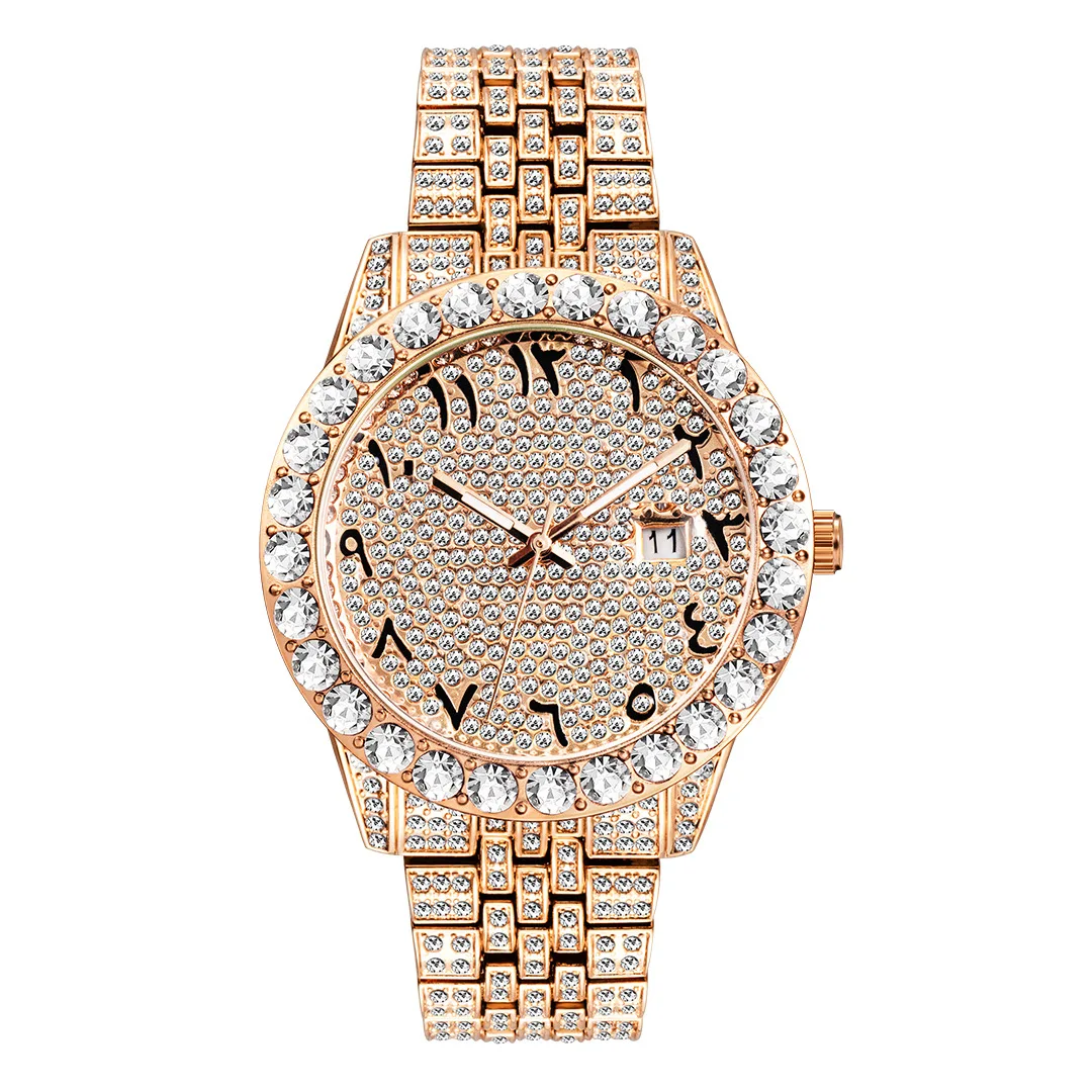 2022 New Hip Hop Watch Iced Out CZ Full Rhinestone Light Blue Big Dial Roman Numerals Luxury Diamond Quartz Watches