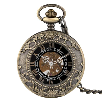 Hot Sale Retro Bronze Roman Numbers Machine Pocket Watches For Men Women SKeleton Wind Up Mechanical Pocket Watches For Sale