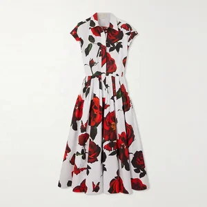 Clothing Manufacturer Custom Spring Summer White Polo Collar Short Sleeve Pleated Printed Cotton Midi Women Shirt Dress