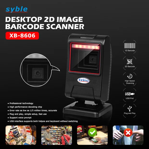 XB-8606 Syble Hot Sale Omnidirectional QR Barcode Reader 2D Desktop Barcode Scanner