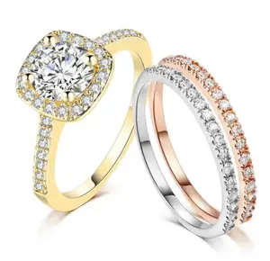 Customized Delicate Brass CZ Cubic Zircon Engagement Wedding Rings Gold 18K Gold Plating