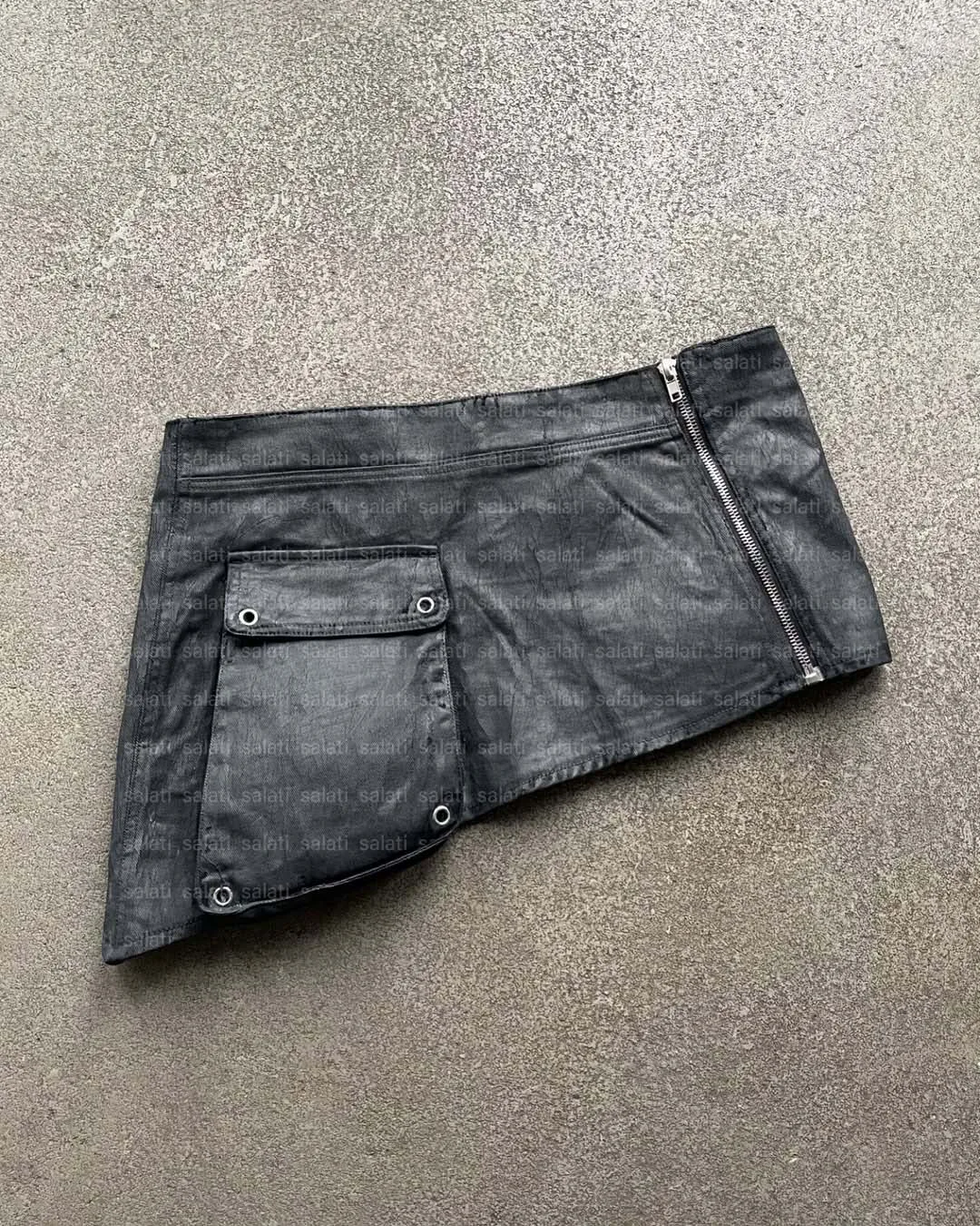 Salati Custom Punk Hip Hop Streetwear Double Layer Bootcut Waxed Leather Flared Stacked Detachable Skirt Denim Pant Jean for Men gallery 4