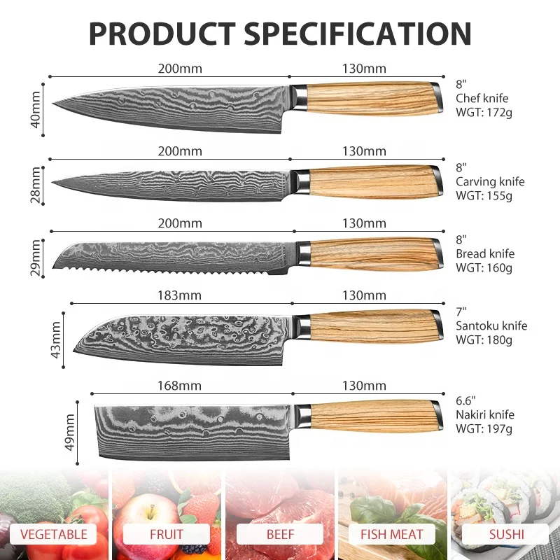 High-end zebra wood handle chef knife set damascus with wooden gift box  customization