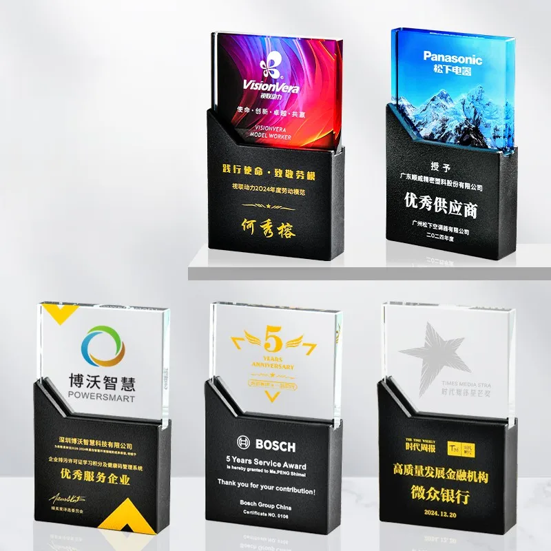 Trophée haut de gamme personnalisé en verre cristal couleur entière, base en pierre imprimée UV, design Small Bridge, trophées et plaques premium