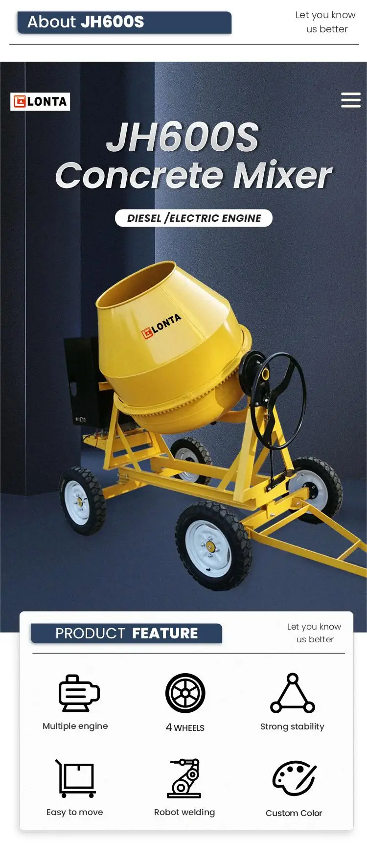 Lonta Jh600s 600l 2 Bags Mobile Electric Diesel Engine Beton Mortar