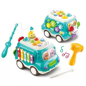 ITTL New Early Educational Multi-functional Music Bus Baby Toys Fun 6 in 1 Cartoon Rabbit Knock Piano Activity Toys for Kids