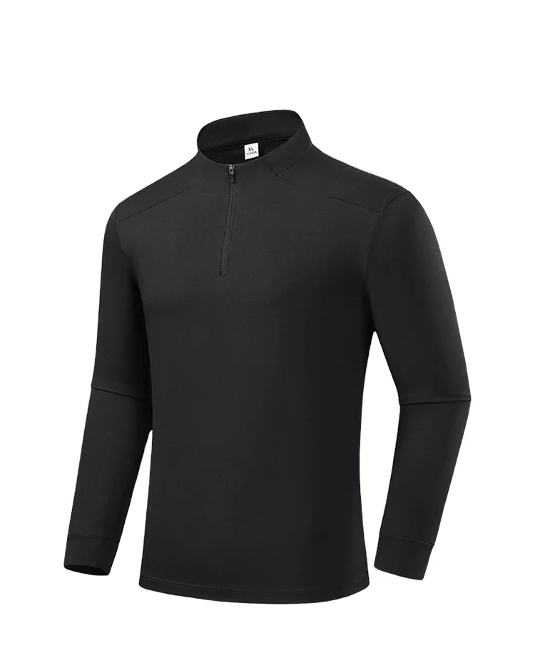 High-neck casual solid color men's sweatshirt with cooling effect, 100% polyester long-sleeved moisture-wicking and quick-drying properties.