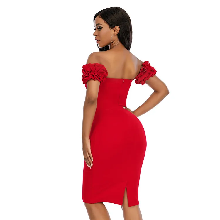 Hot Selling Fashion China Knee-Length Latest Red Sexhy Bodycon Cotton  Strapless Women Midi Puff Sleeve Dresses