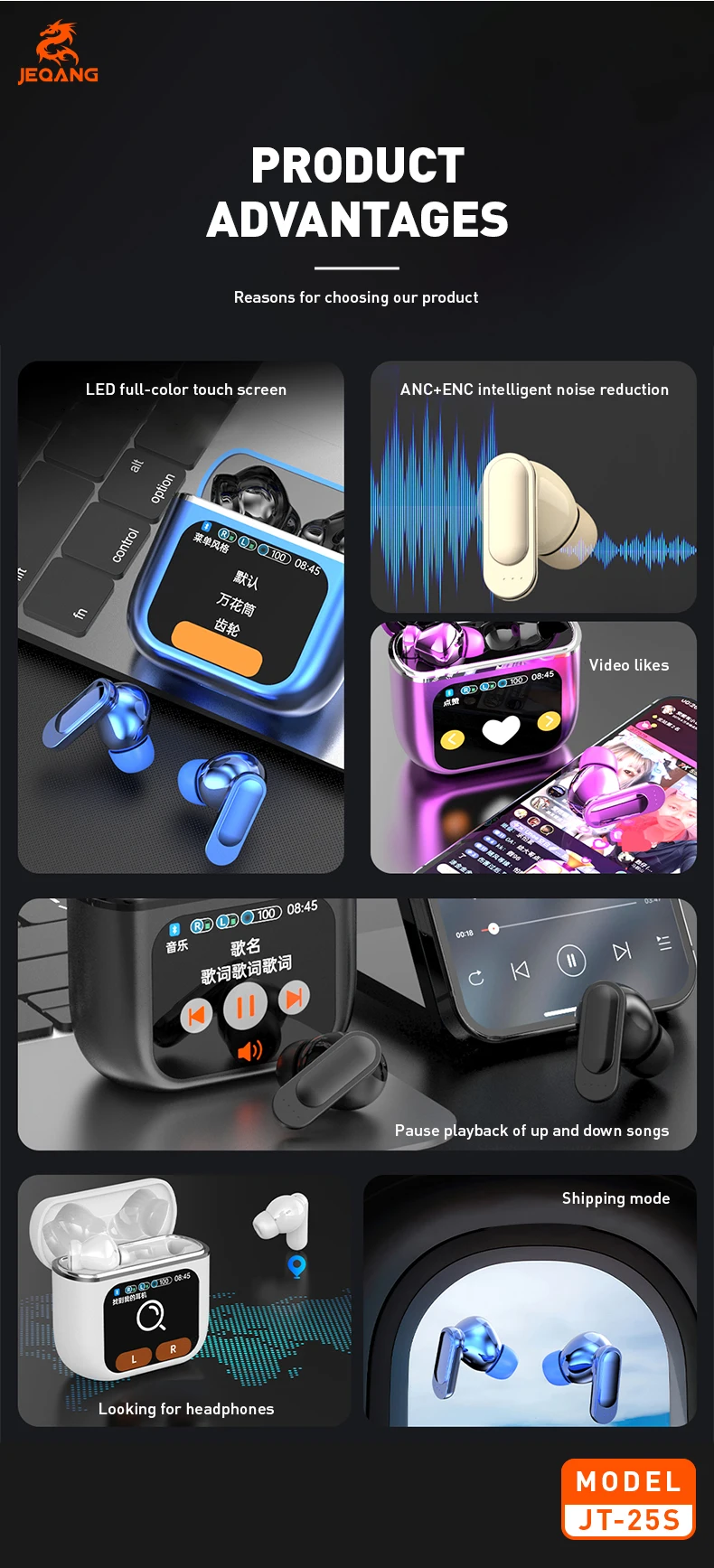 Jeqang-25S TWS LED Digital Display In-Ear for BT Earphones with ENC ANC Waterproof Function and Large Screen Display