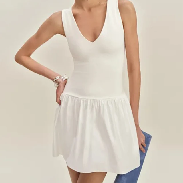 Women's Eco-Friendly White V-Neck Sleeveless Dress with Flared Hem & Bodycon Top Premium Cotton-Blend for Fresh Elegance
