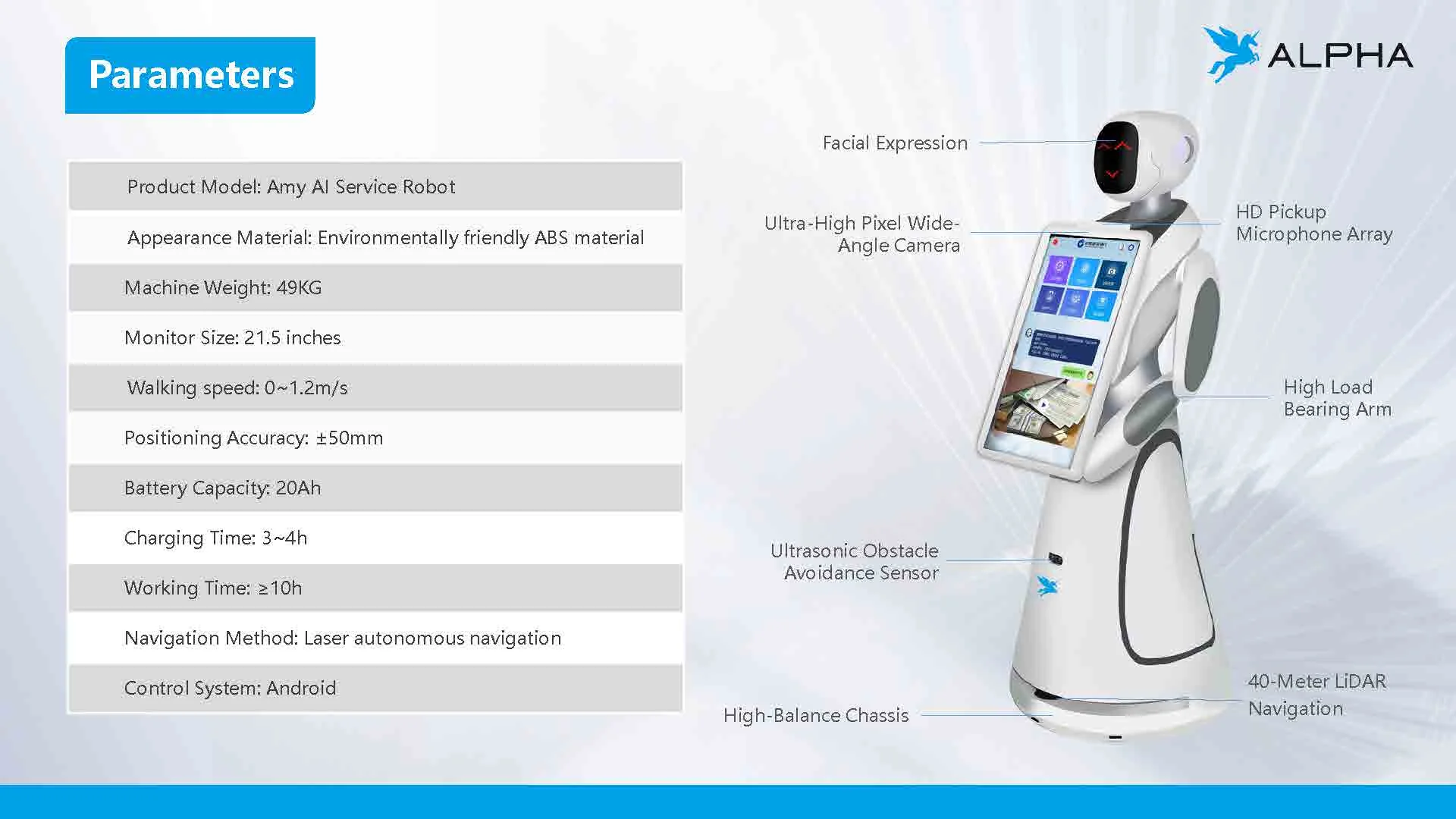 Alpha Robotics Amy Humanoid Robot for Restaurant Hotel Waiter Intelligent Service Food Delivery Robot With 2 Trays factory