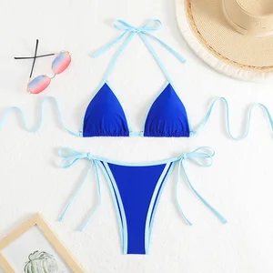 Split Sexy Triangle Color-Blocked 2-Piece Bikini Set with V-String Bottom Breathable Fabric Sample Available