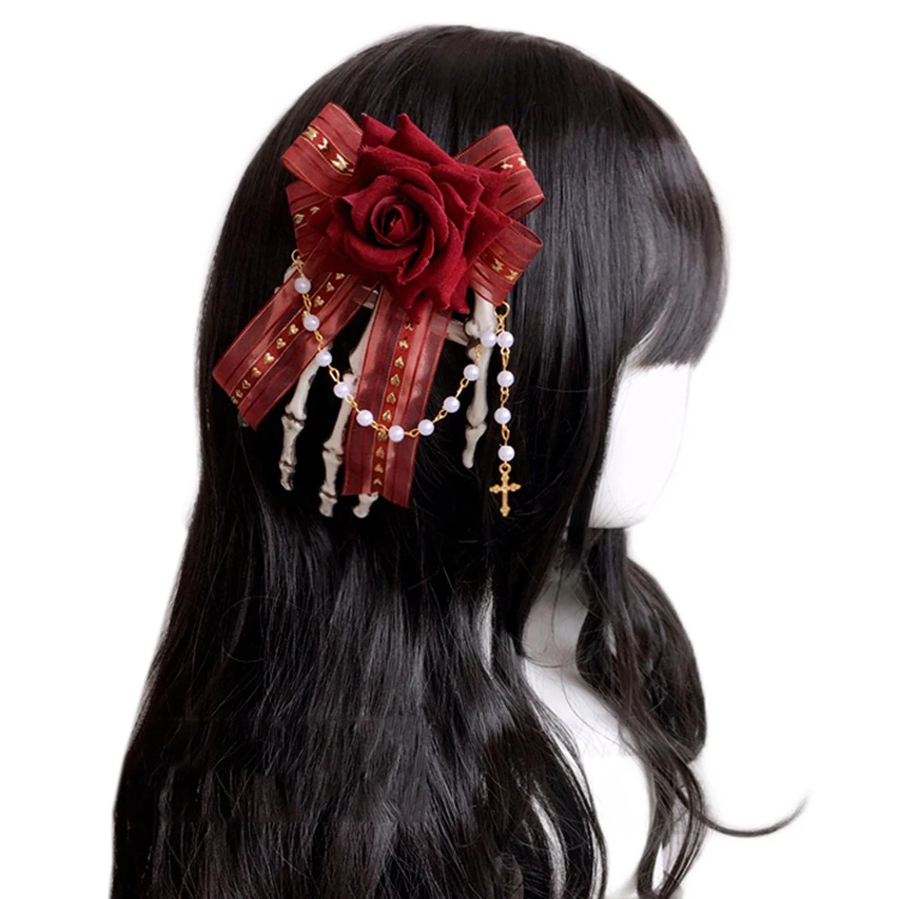 Vintage Gothic Lolita Hairpin Handmade Headdress Skeleton Hand Lace Bowknot  Pearl Chain Rose Bronzing Printing Brooch - Buy Vintage Gothic Lolita 