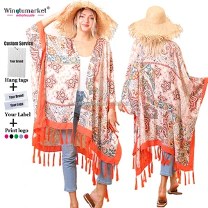 Custom Print Paisley Kimono Floral Boho Long Cardigan Women Beachwear Maxi Tassel Beach Cover up Kimonos Ladies