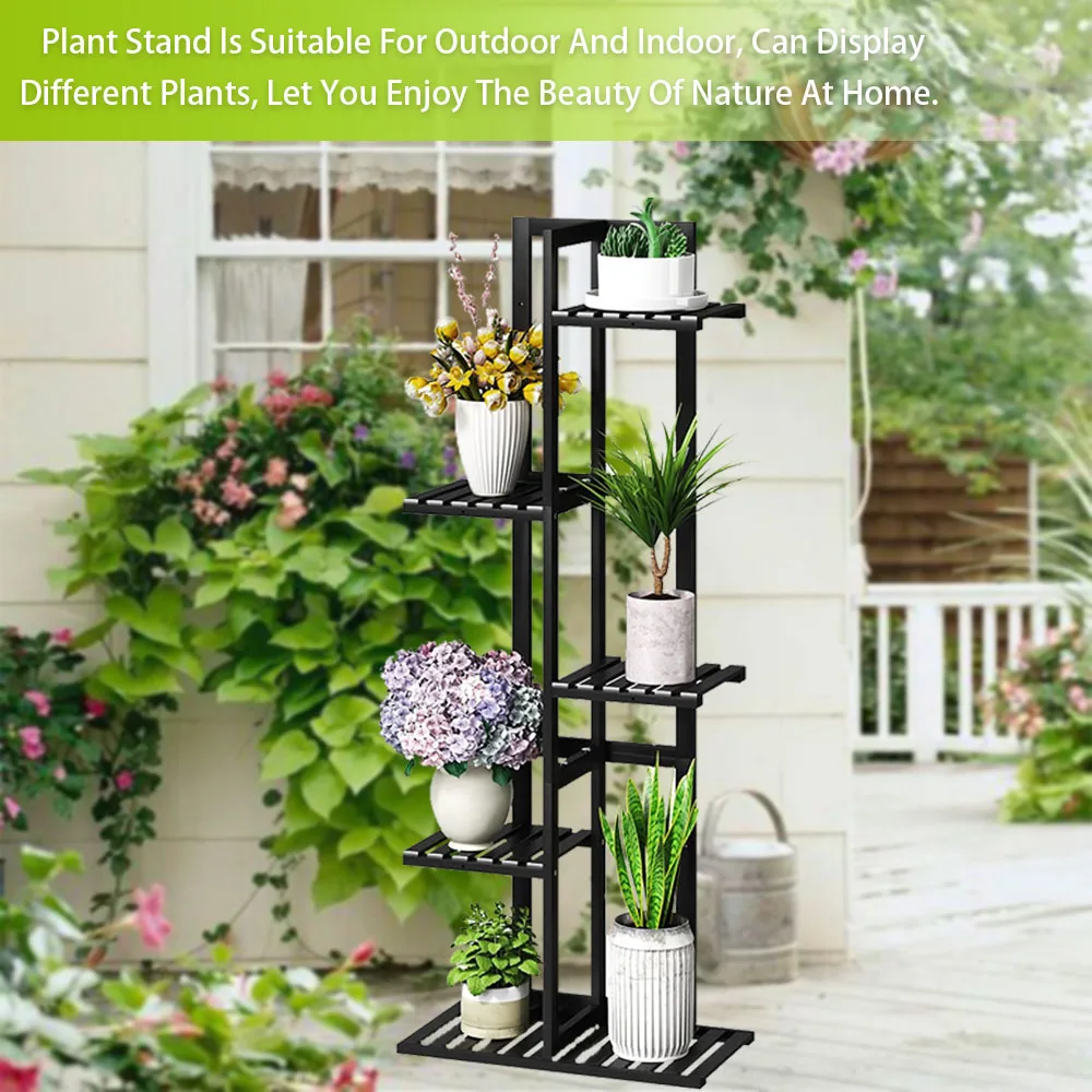 product 5 tier bamboo shelf organizer 6 potted black high flower plant stand for indoor or outdoor bathroom corner decoration display-12