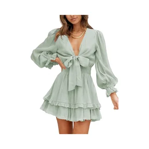 2025 Women's Elegant Mini Swing Skater Dress Casual Spring Summer Collection Deep V-Neck Knotted Tiered Front Solid Chiffon