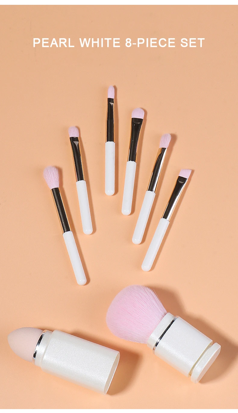 Powder Foundation Eyeshadow Blush Brush Mini Cute Makeup Brushes Set Travel Size Portable 8 in 1 Synthetic Hair Makeup Beauty