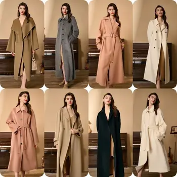 Wholesale Double Sided Cashmere Coat Women's Winter New Knee Tie Thickened Woolen Cloth Coat