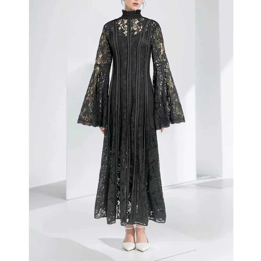 Elegant Satin Flared Long Sleeve Lace up Loose Dress