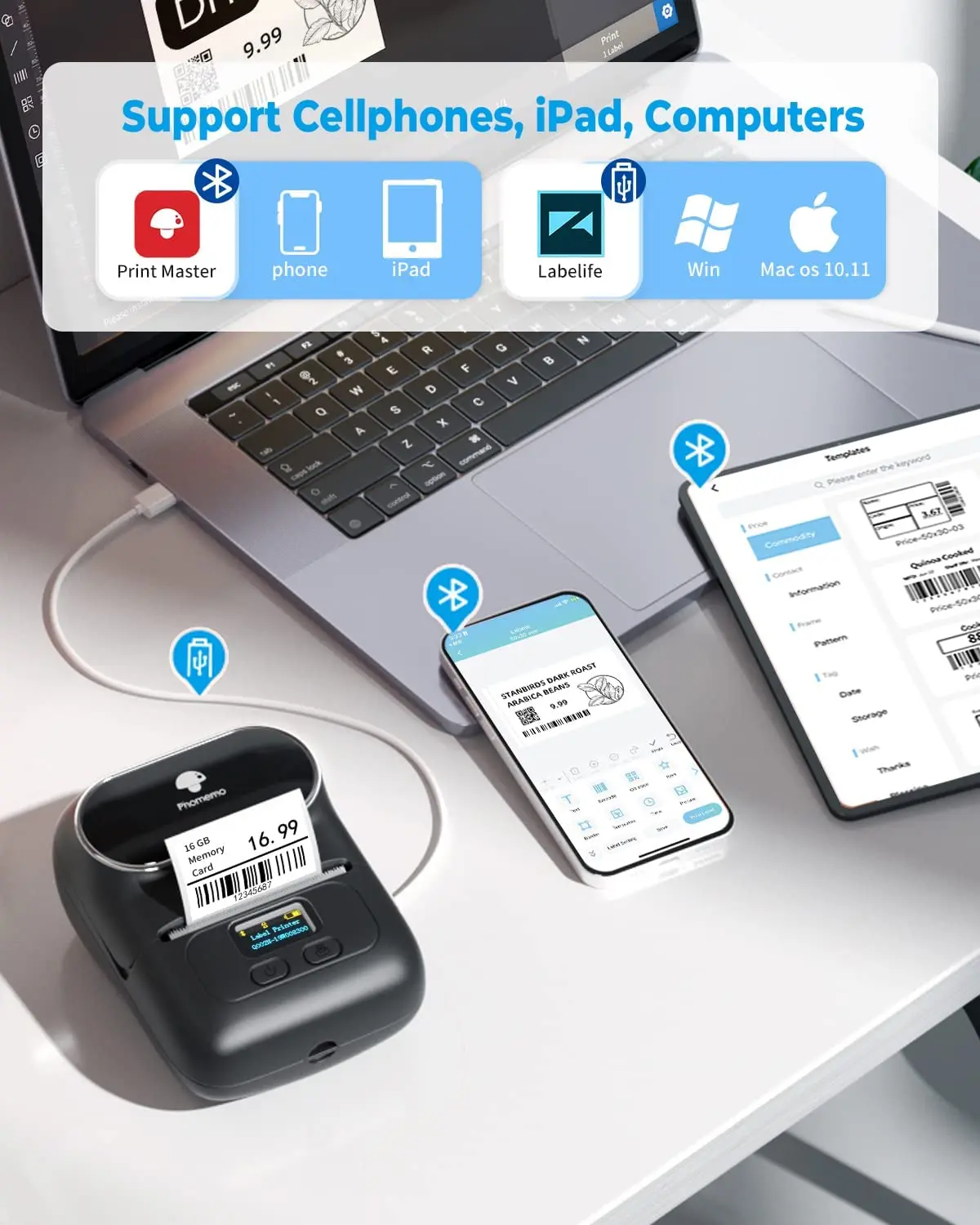 Phomemo M110 Portable Direct Thermal Sticker Printer 203dpi QR Code Price Label Features Wireless iOS Android USB Stock!
