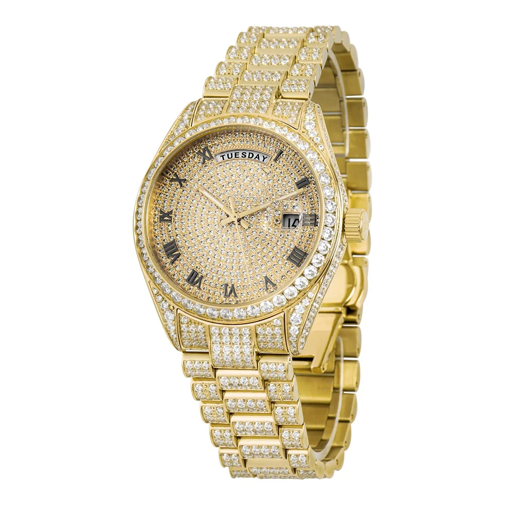 18K Gold Watch Luxury Business Men Watch CNC CZ Diamonds Iced Out Watches ODM OEM