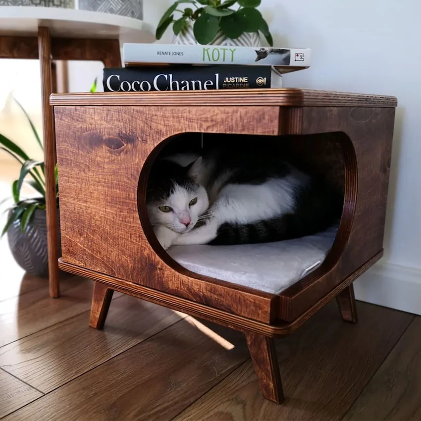 Pet Furniture Side Table Wood Cat House Cozy Wooden Cat Bed House