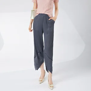 Factory Wholesale Fashion Casual Women's Pleated Pants Stretch Polyester Irregular Solid Color Wide Leg Pants